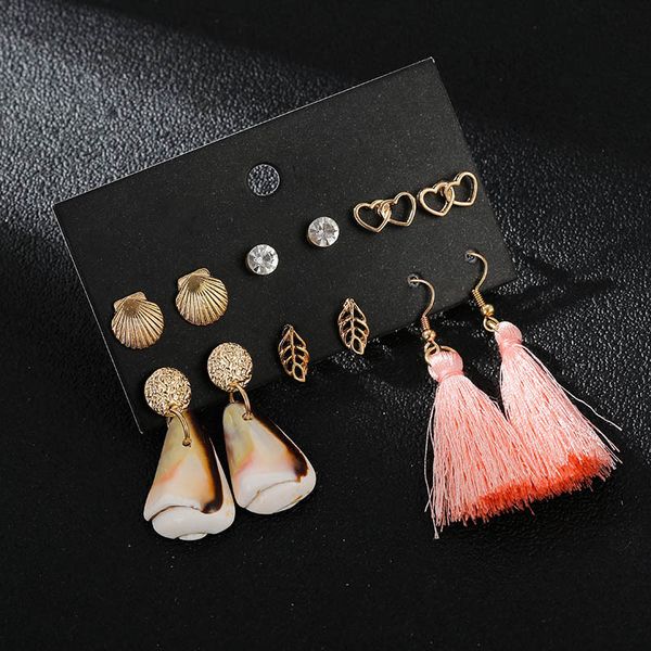

6 pairs/set mix design shaped fringe shell fish earrings set for women bohemia hollow heart leaf circles ear stud cuff earrings, Golden;silver