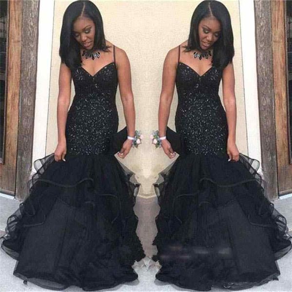 

african black girls prom dresses mermaid spaghetti straps beaded crystal tiered ruffles v neck custom evening gowns party wear, Black;red