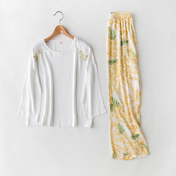 

cearpion chinese embroidery flower women pajamas set three quarter sleeve 2pcs shirt+pant sleepwear casual daily nightwear, Blue;gray