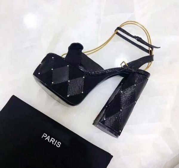 

[orignal box] new womens chunky super high heels 14cm platform waterproof sandals ladies slingbacks bandage summer rivet shoes 35-41, Black