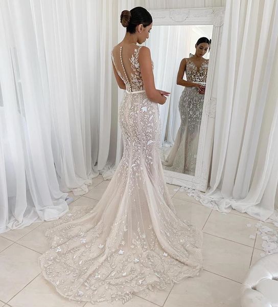

2020 new mermaid wedding dresses sheer neck lace appliqued bridal gowns button back trumpet plus size tulle wedding dress 2018, White