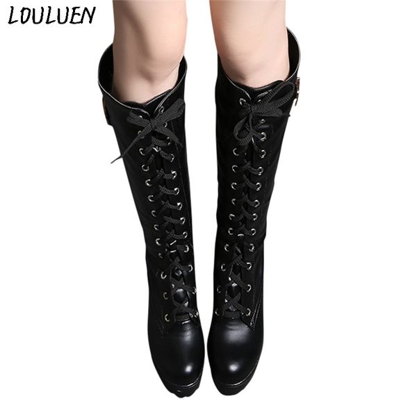

louluen 2019 boots retro women high heel lace up thick platform knee square heel boot snow shoe roman laarzen bottes #1111, Black