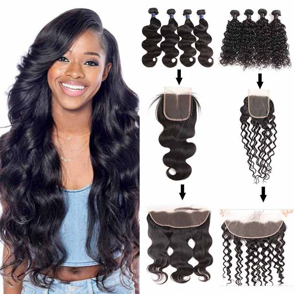 

brazilian deep wave virgin human hair weaves with 4x4 lace closure water body wave malaysian hair bundles with lace frontal closure, Black;brown