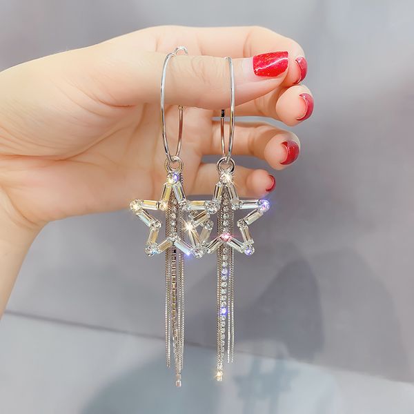 

2019 new fashion delicate crystal star temperament long metal tassels exaggerated women drop earrings creative jewelry, Silver