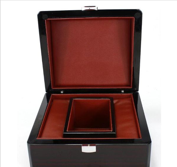 Caixa de madeira de luxo para certificado de relógio Top Gift Jóias Pulseira Caixas de exibição de tinta spray preta Estojo de armazenamento Travesseiro239S