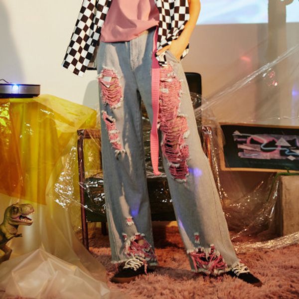 

water-washed jeans with high waist and big holes new wide-legged pants for women spring 2019 fashion streetwear, Blue