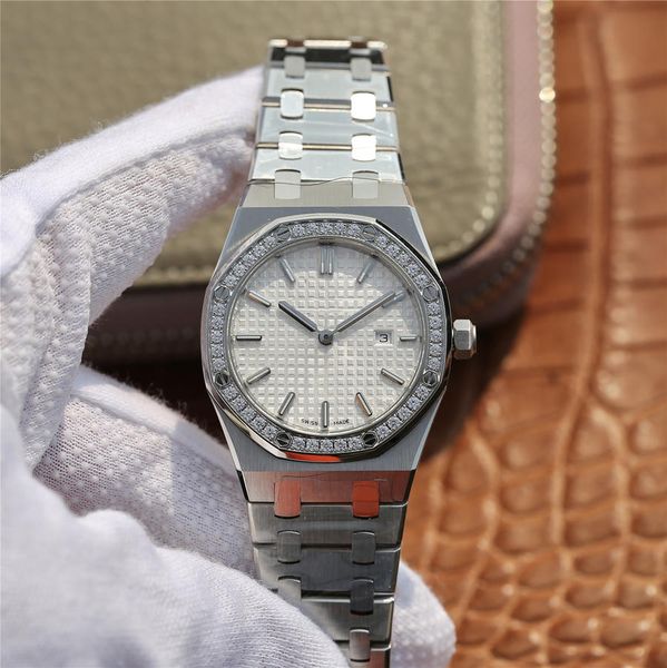 

royal oak diamond luxury watch ladies fashion waterproof calendar quartz watch designer sapphire steel belt premium watch, Slivery;brown