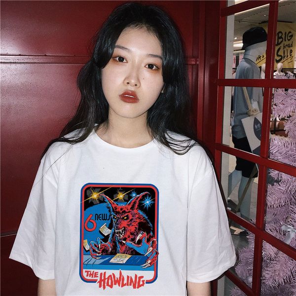 

womens tshirt womens designer clothes the howling print vintage new summer women short sleeve summer letter demons t shirt women, White
