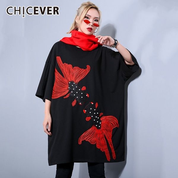 

chicever embroidery dress for women o neck three quarter sleeve loose hit colors mini dresses fashion casual clothes new, Black;gray