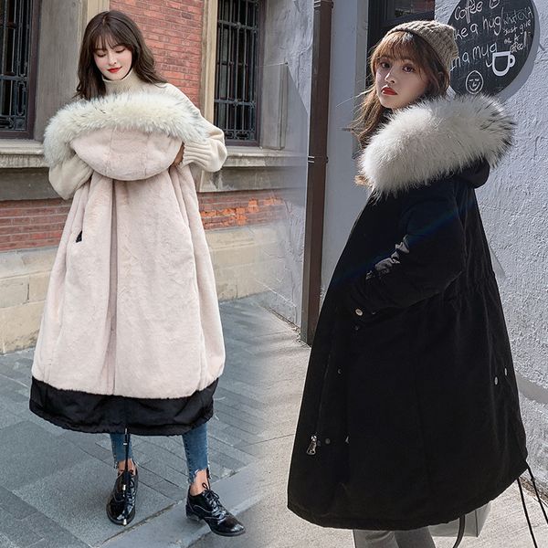 

overcome heavy hair collar hooded down cotton-padded jacket female long han edition cultivate morality with thick coat, Black