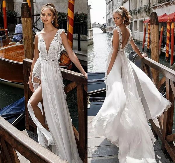 

side split sexy a линия свадебные платья 2020 julie vino bridal глубокий v шеи крупной embellished лиф открыть назад 3936, White