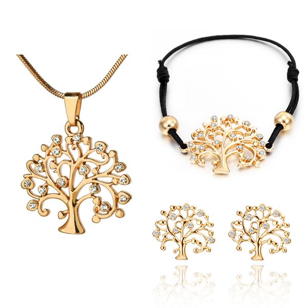 

jewelry set for women gold silver tree of life wedding gift choker necklace elastic adjustable bracelet stud earrings