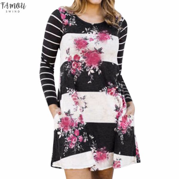 

patchwork mini t-shirt dress women fashion striped long sleeve dresses ladies boho floral printed party dresses vestidos #yl, Black;gray