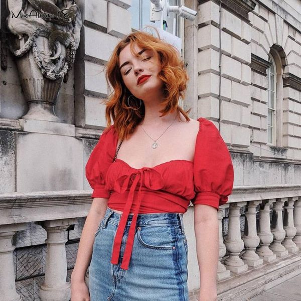 

mnealways18 ruched red tunic women puff short sleeve cropped summer blouse ruffle slim pink ladies shirt streetwear, White