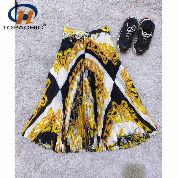 

5.3 2020 summer new women print pattern vintage pleated skirt, Black