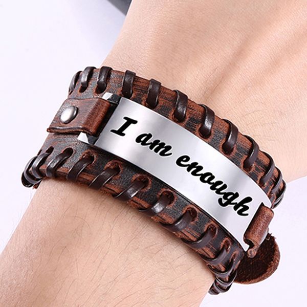 

teamer fashion stainless steel words charm bracelet for men adjustable black brown genuine leather wrap bangle jewelry gift