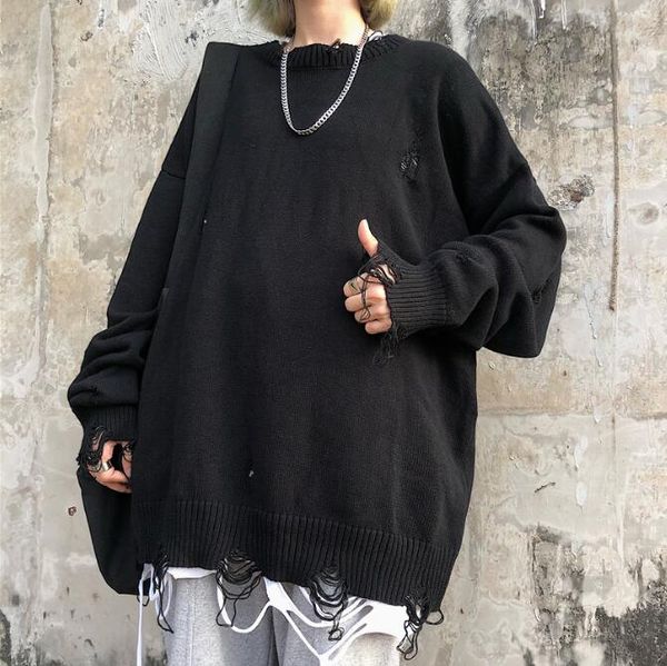 

new women's loose hole round neck long sleeve sweater, White;black