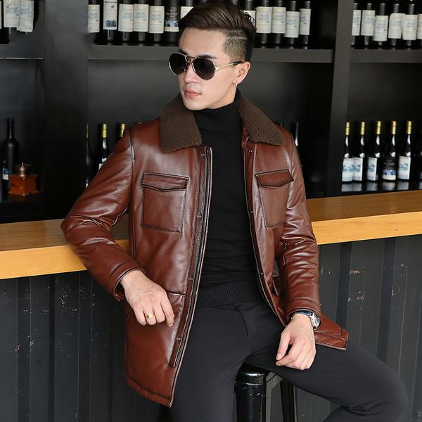 

подлинная winter real cow leather jacket natural lamb fur collar теплый пуховики l18-122 yy322, Black