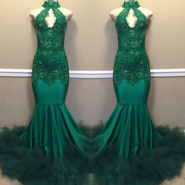 

dark green mermaid prom dresses keyhole neck lace appliques sleeveless evening gowns satin ruffles tulle sweep train cocktail party dress, Black
