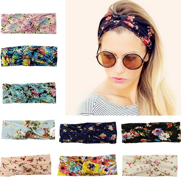 

girls summer bohemian hair bands floral print headbands retro cross knotted bow chiffon floral hair band, Slivery;white