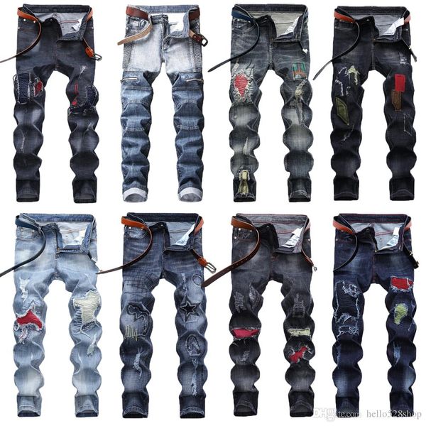 

retro motorcycle jeans for men stretch ripped hole patchwork badge pants hip hop men jeans autumn winter, Blue