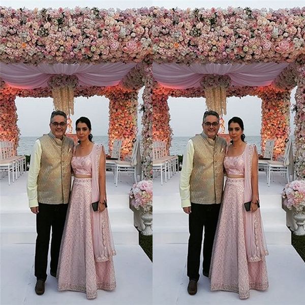 

two-piece pink square lace floor length aline wedding dresses vestido de noiva bridal gowns custom made, White