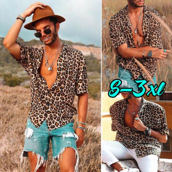 

plus size new 2019 men's leopard short sleeve shirt turn down neck summer cool loose casual v-neck shirts, White;black