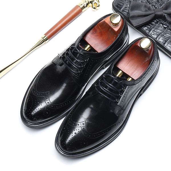 

size 38-43 oxfords fashion carved hollow casual pointed formal business male wedding dress flats leather men shoes, Black