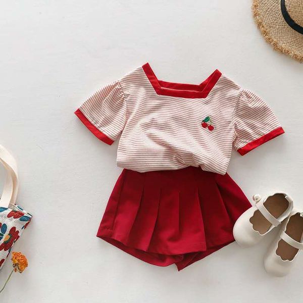 

2020 summer new girl sweet striped embroidery cherry short sleeve t-shirt + culottes, White