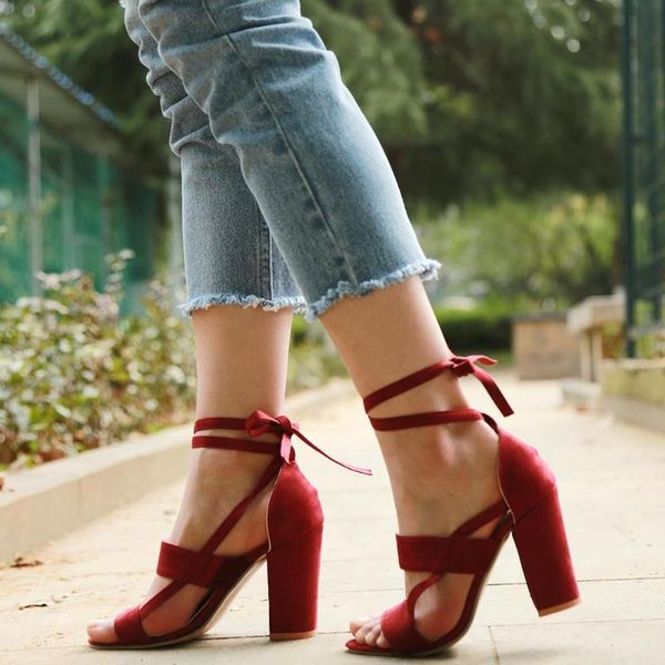 

women square heels shallow ankle strap sandals solid lace up high heel sandals summer roman style pumps party office shoes, Black