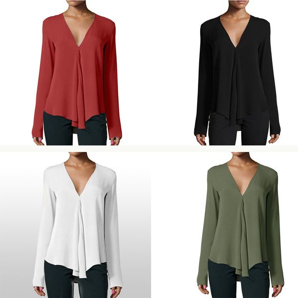 

women's clothing tees t-shirt 2019 spring summer plus size women chiffon blouse v-neck long sleeve shirt casual loose t-shirt top, White