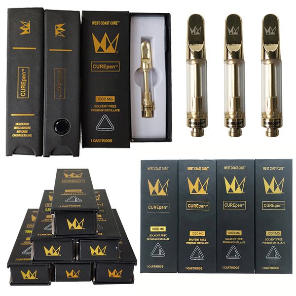 

West Coast Cure Empty Vape Pen Cartridges 0.8ml 1ml Ceramic Curepen Vape Cartridge Packaging Gold Tip Thick Oil Glass Carts Childproof Box