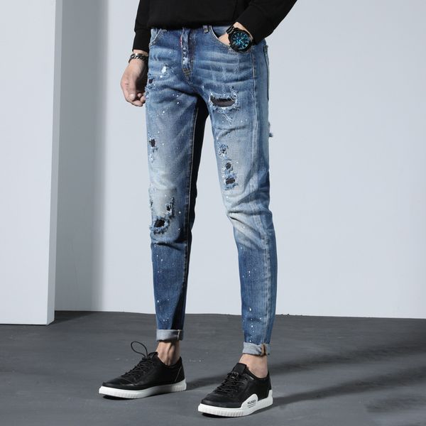 

высокие имитационные джинсы вышитые стрейч прилив мужские маленькие прямые джинсы мужчины, Blue