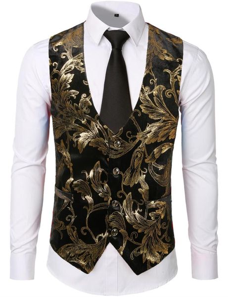 

nightclub leisure vest men suit 2019 flannel gold steampunk gilet homme floral waistcoat groom wedding party tuxedo vests, Black;white
