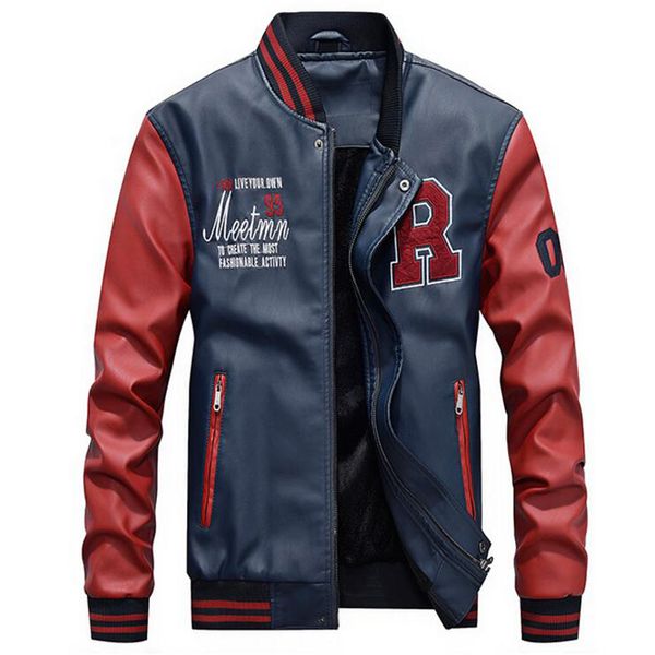 

2019 new men jacket men embroidery baseball jackets pu leather coats slim fit college luxury fleece pilot leather jackets, Black;brown