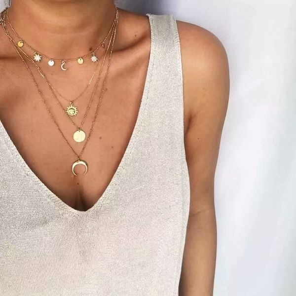 

new necklace jewelry fashion inlay rhinestone stars moon sun clavicle chain simple moon pendant necklace 4 layers set, Silver