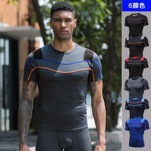 

new tight t shirt mens short sleeve running shirts quick dry compression tshirt fitness tights sport shirt men gym sports wear, Black;blue