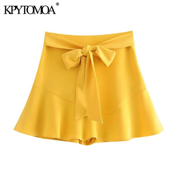 

kpytomoa women 2020 chic fashion ruffled bow tie sashes shorts skirts vintage high waist side zipper female skort faldas mujer, White;black