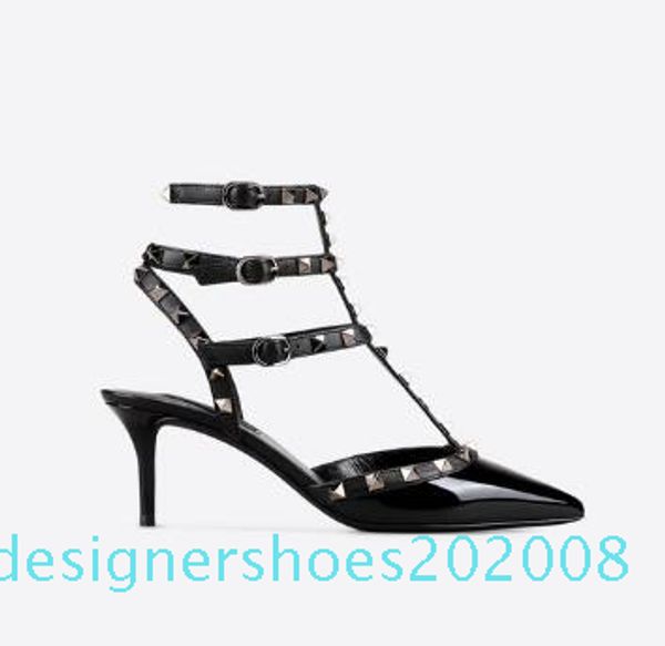 

designer pointed toe studs patent leather rivets sandals women studded strappy dress shoes valentine 10cm 6cm high heel shoes 1 d08, Black