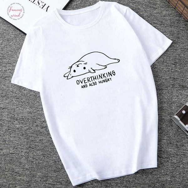 

overthinking and also hungry ctue cat not today women clothes 2019 harajuku kawaii t shirt oversized streetwear, White