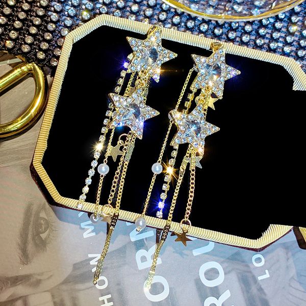 

мода кристалл пятиконечной звезда серьга eardrop long pearl кисточка rhinestone звезда подвеска ухо коты серьга для женщин заявления ювелирн, Silver