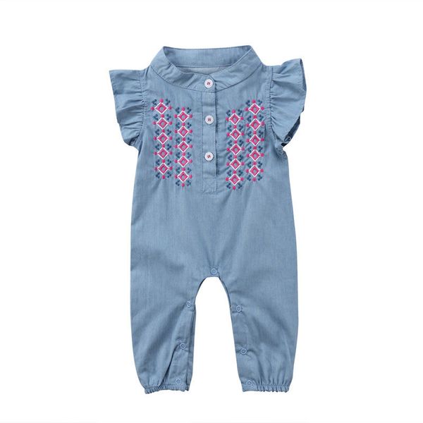 

infant newborn baby girls print romper sunsuit playsuit cotton button cowboy embroidery rompers clothes summer, Blue