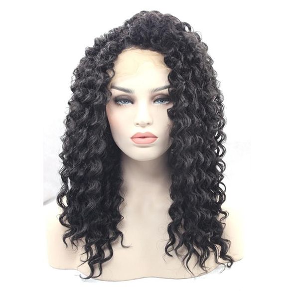 180 Black Kinky Curly Hair Glueless Synthetic Lace Front Wigs For