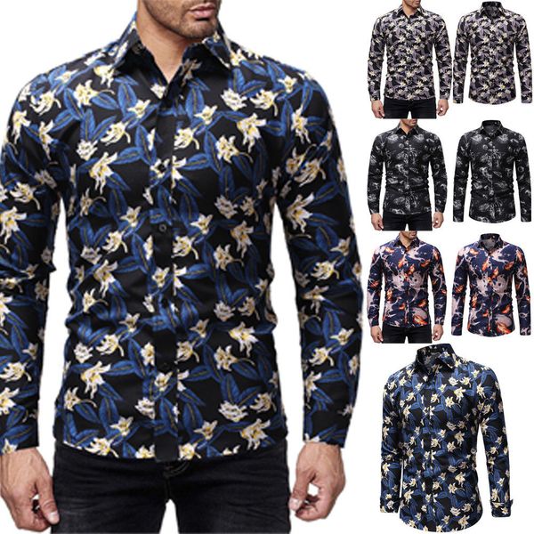 

size -3xl 2019 new fashion floral print slim fit shirts men's long sleeve casual dress shirts 5 colors, White;black