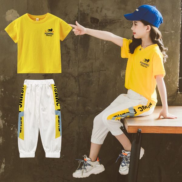 

new summer kids girls clothing sets cartoon t shirt + pants casual teen girls suits fashion children girl sports outfits clothes t200707, White