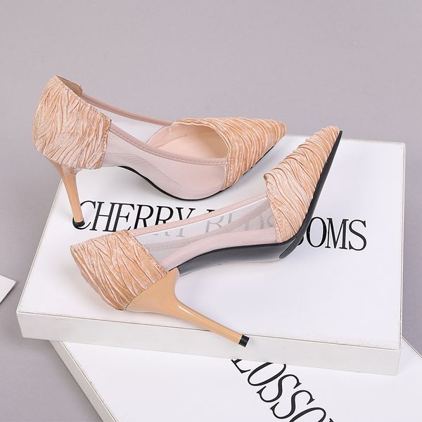 

european close toe pleated silk high heel shoes woman summer breathable mesh lace hollow thin heel pumps stilettos non-slip 2019, Black