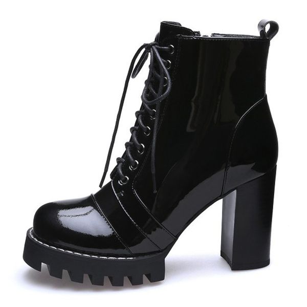 

2019 england patent leather high with handsome boots single thick boots with waterproof platform short woman, Black