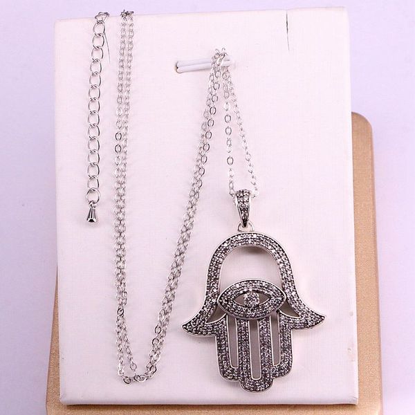

4pcs, antique silver pave clear cz crystal hamsa hand pendants metal chain elegant fashion jewelry necklaces
