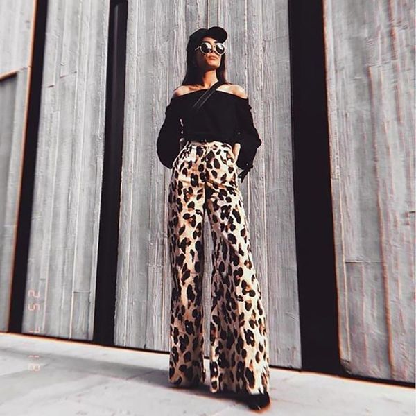 

women's pants & capris causal women autumn leopard drawstring bandage wide leg loose straight trousers long female plus size, Black;white