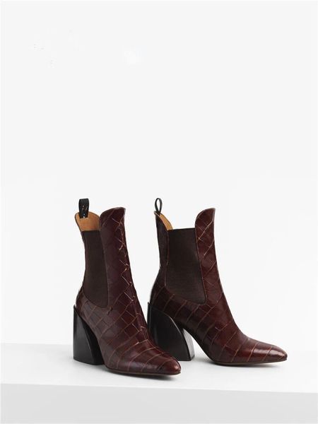 

горячие продажи-коренастый высокие каблуки обувь грабить пальцы крокодил шаблон камень ботильоны резинка темно-коричневый, Black